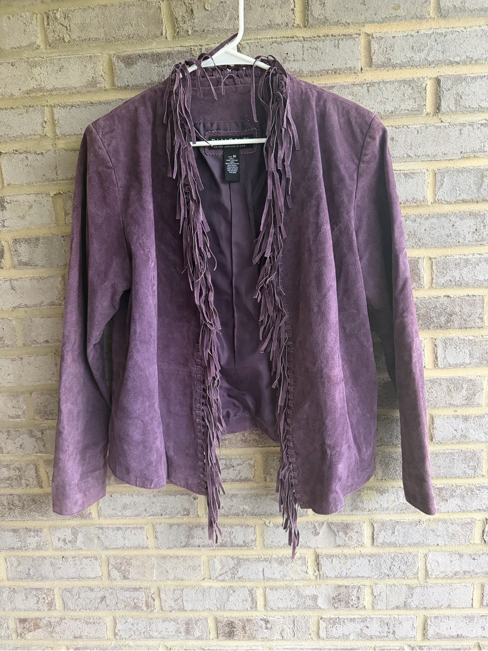 Dialogue Purple 100% Real Genuine Suede Leather Fringe Open Front Jacket M